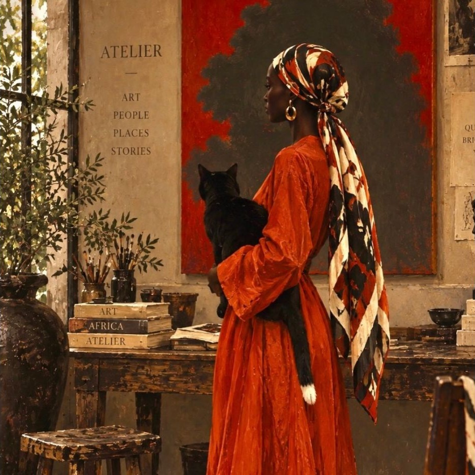 Femme en robe rouge tenant un chat noir dans un atelier d’artiste