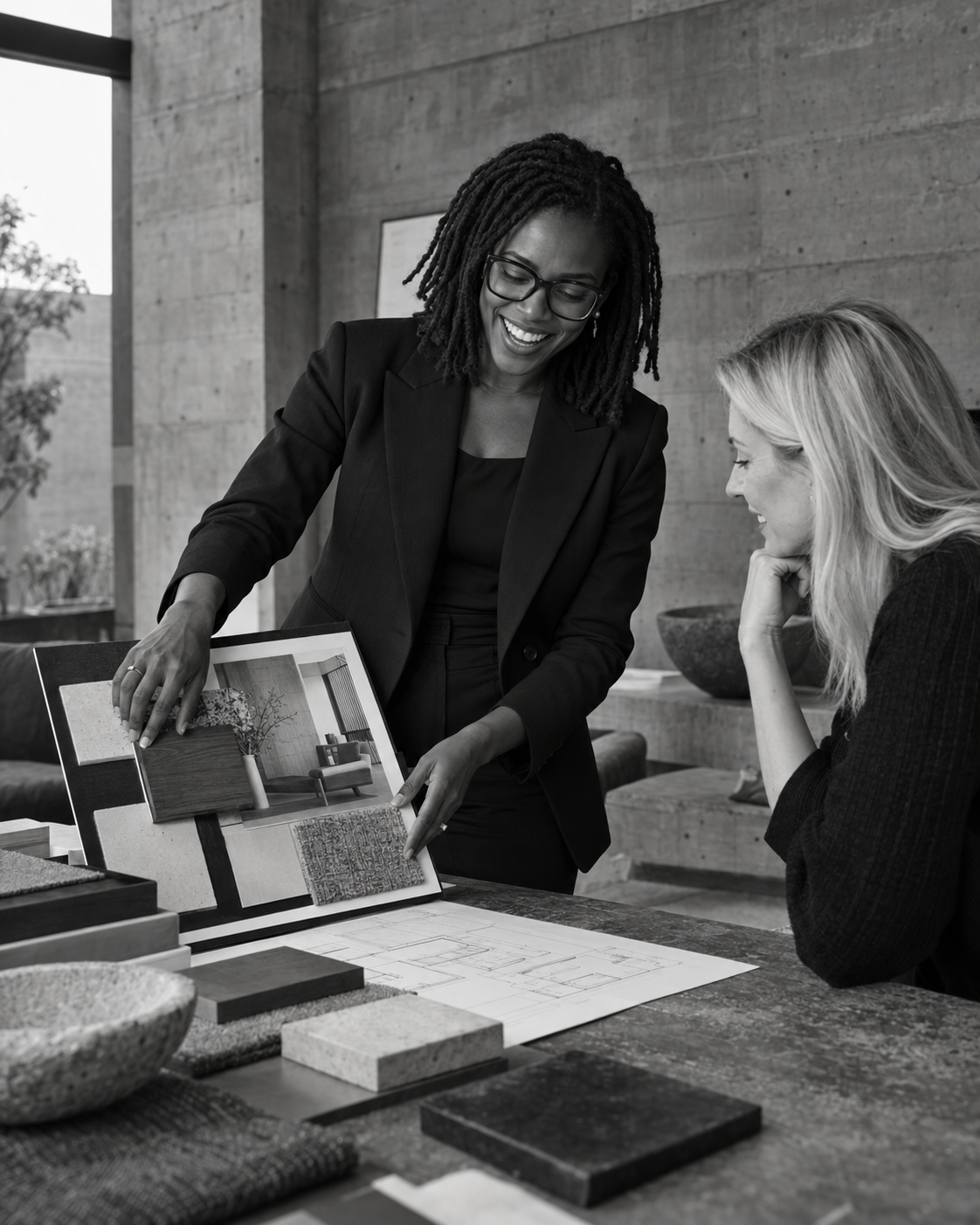 Black interior designer with dreadlocks, a black suit and glasses presenting her work to a blonde client in a concrete interior