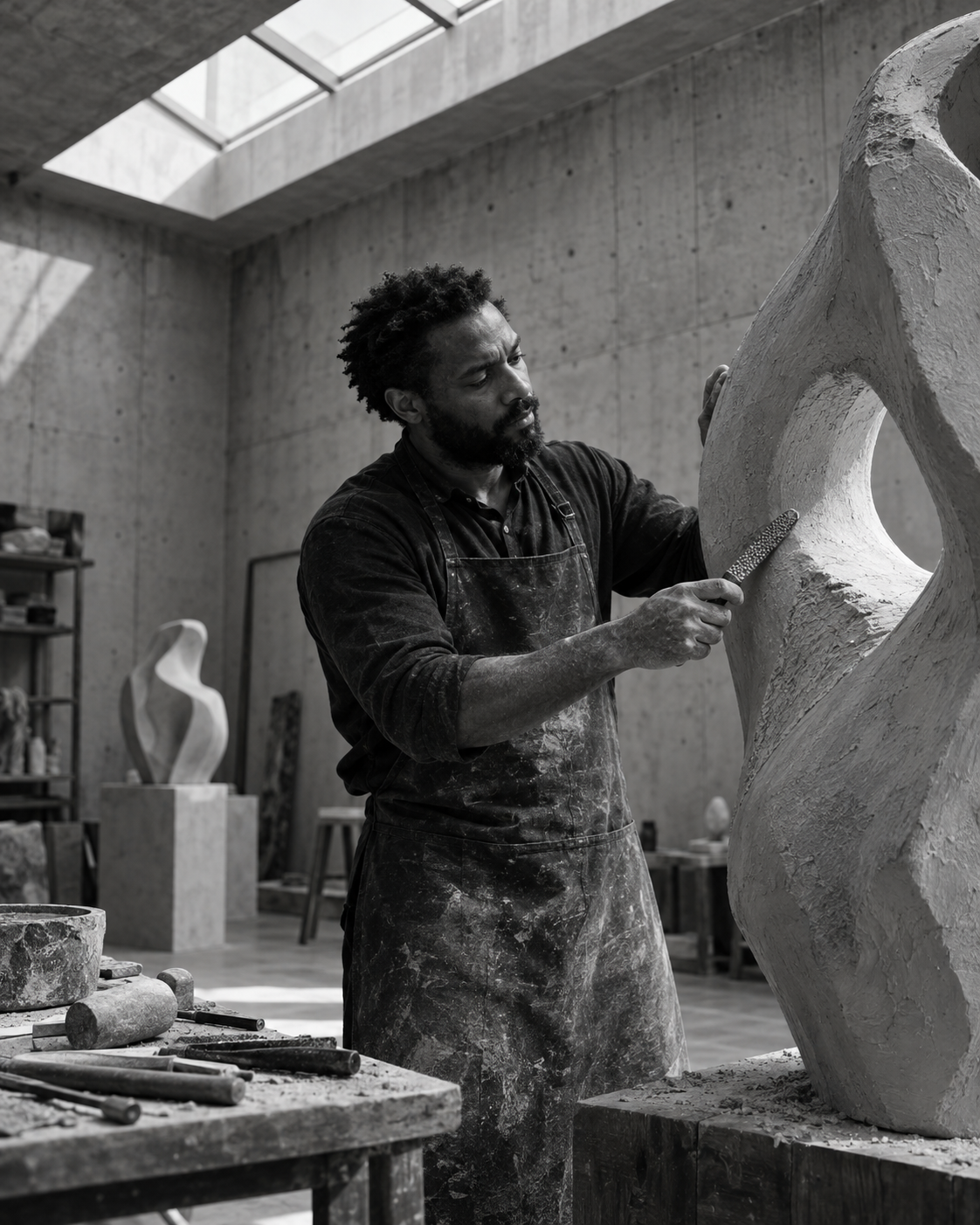 Black male sculptor shaping a contemporary sculpture in a modern concrete workshop